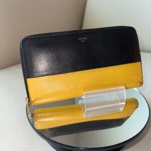 Celine Two- Tone Black & Yellow Calfskin Long Zip Wallet